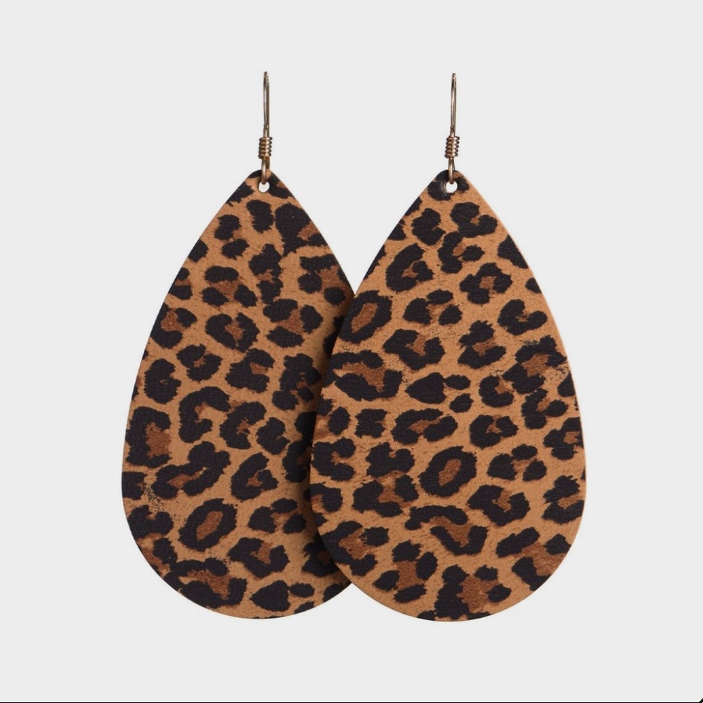 Nickel and Suede Large Teardrop Leather Earrings Spotted Leopard